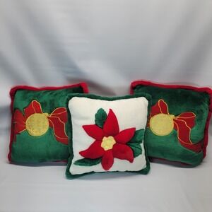 Three VTG 1998 Christmas Pillows T.w.i.e Poinsettia & Gold Ornament Red Bow 12"